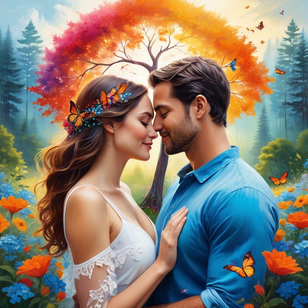A beautiful, colorful representation of a couple sharing an intimate moment, surrounded by vibrant nature symbols of growth and empowerment, such as flowers and sunlight. The background should evoke feelings of passion and joy, blending warm tones with hints of blues to signify depth in their love life. Include elements that symbolize personal growth, like a tree or butterflies, integrating seamlessly with the couple's connection. super-realistic. vibrant colors. white background.