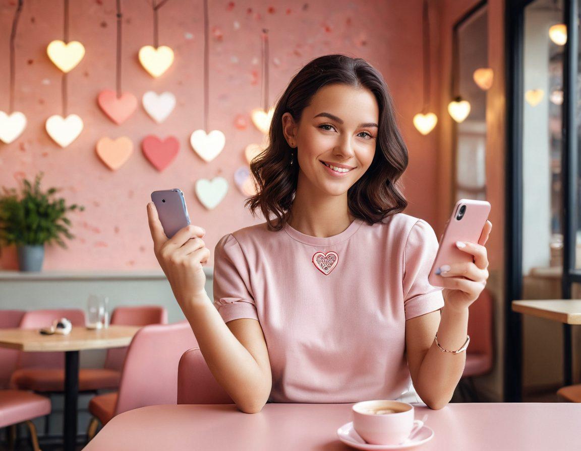 A confident modern woman surrounded by heart-shaped symbols, holding a smartphone with dating app notifications. The scene is set in a cozy, stylish cafe with warm lighting, subtle hints of romance in the decor. Include elements of friendship and empowerment, like a supportive friend giving a thumbs up in the background. Soft pastel color palette for a calming effect. super-realistic. vibrant colors.