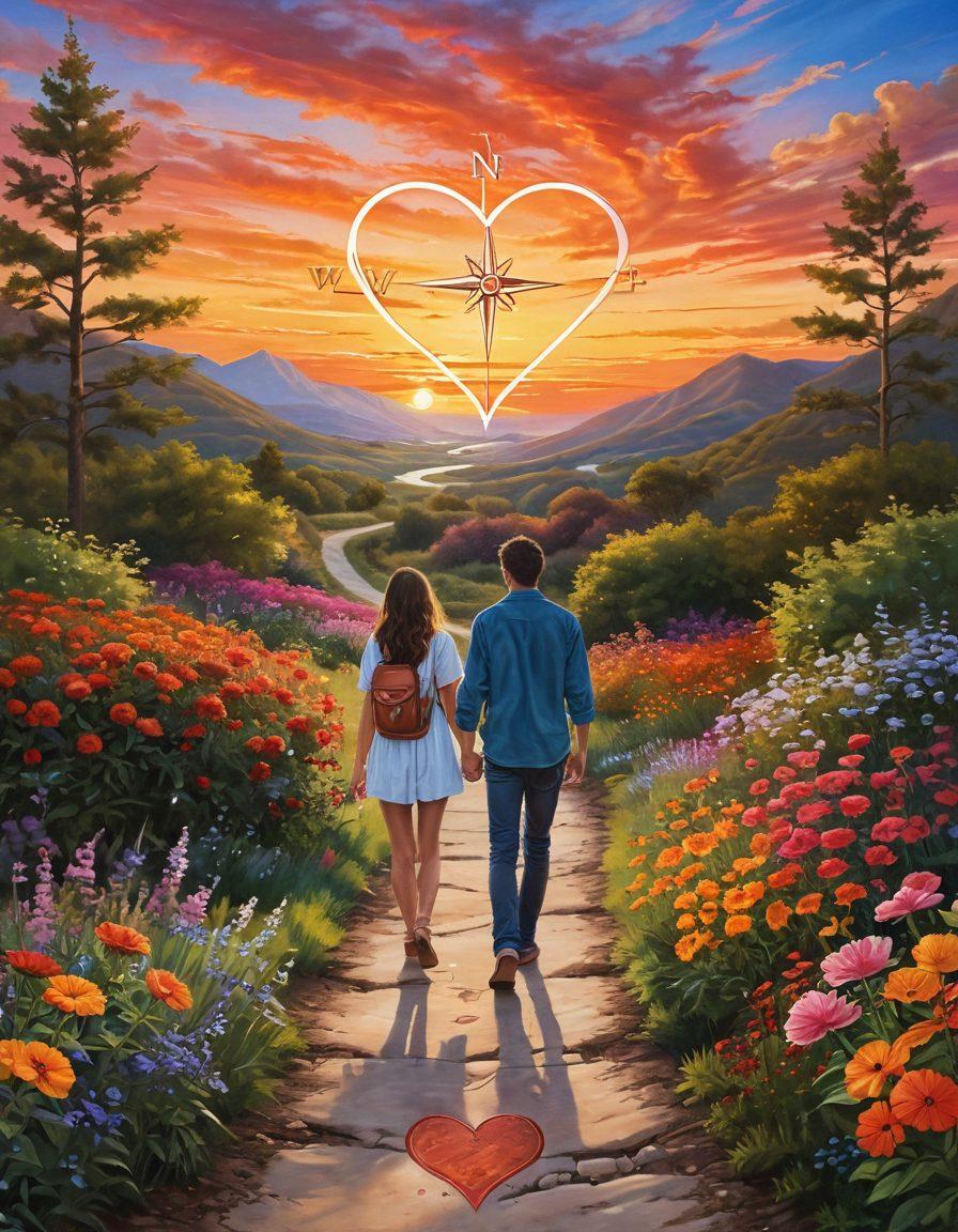 A serene landscape featuring a compass and a heart intertwined, symbolizing the journey of love and self-discovery. In the background, a couple holding hands walks along a winding path lined with vibrant flowers, representing expert relationship guidance. The sky is painted with warm sunset colors to evoke emotion. super-realistic. vibrant colors.